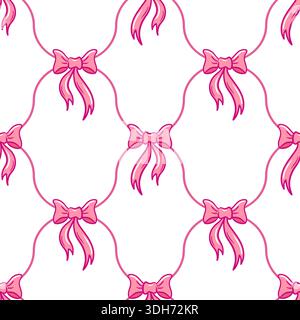 Nastro rosa, elegante design a nastro rosa con cuori su tela bianca, delicati nastri rosa intrecciati con maglie a cuore su sfondo bianco per Illustrazione Vettoriale