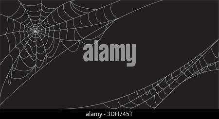 Spigolo, isolato su sfondo nero trasparente. Spiderweb per il design di Halloween. Spider web elements, spaventoso, spaventoso, horror halloween decor. Illustrazione Vettoriale