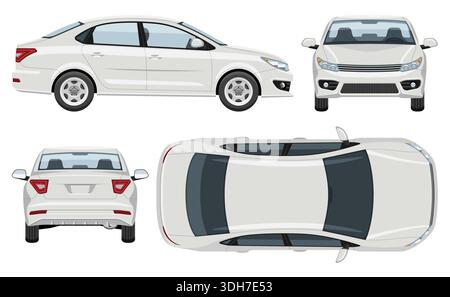 Modello vettoriale bianco per auto mostrato da quattro angolazioni: Anteriore, laterale, posteriore e superiore. Colori semplici senza sfumature ed effetti. Illustrazione Vettoriale