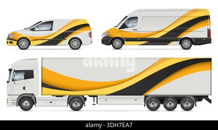 Set di mockup del marchio del veicolo vettoriale. Auto, furgoni e semirimorchi con modello di design astratto per identità aziendale giallo e nero Illustrazione Vettoriale
