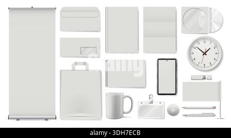 Set realistico di articoli di cancelleria e promozionali bianchi. Mockup vettoriale isolato per il design delle identità di branding Illustrazione Vettoriale