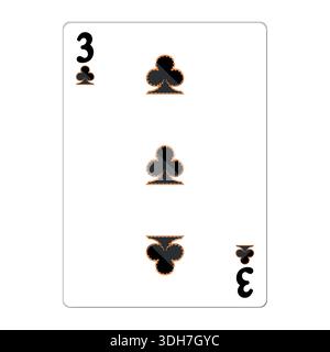 Tre di club. Carta da gioco con elementi dorati. Icone del casinò. Pittogrammi che rappresentano tute diverse. Illustrazione vettoriale. Design piatto per un look moderno Illustrazione Vettoriale