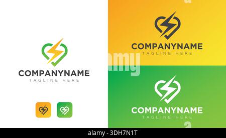 Logo moderno che combina forma a cuore e fulmine, simboleggia energia, passione, salute e potenza. Illustrazione Vettoriale