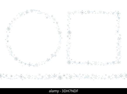Le graziose fiocchi di neve invernali incorniciano il bordo senza cuciture e fiocchi di neve cadenti. Illustrazione disegnata a mano con acquerello isolata su sfondo bianco per il bambino Foto Stock