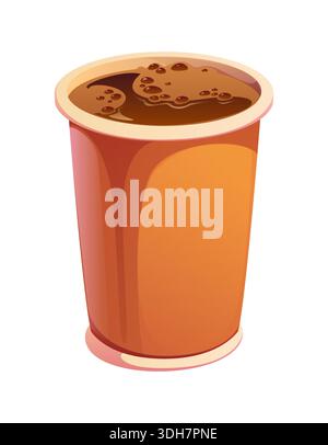 Tazza di caffè caldo cartoni animati. Tazza di carta vettoriale riempita con caffè caldo scuro e bolle di schiuma che galleggiano sulla superficie. Tazza da caffè in cartone da asporto con vettore cartoni animati, contenitore monouso con bevanda calda Illustrazione Vettoriale