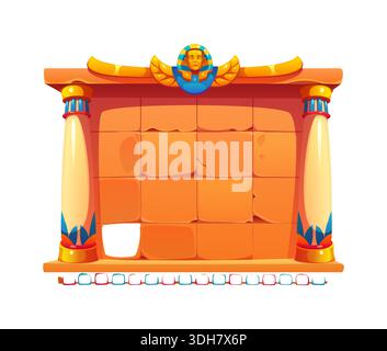 Cornice di gioco dell'antico Egitto, tavola in pietra egiziana antica con pilastri, piastrelle decorative e emblema del faraone. Menu di gioco Vector ui, classifica o schermata di selezione dei livelli in giochi di avventura o puzzle Illustrazione Vettoriale