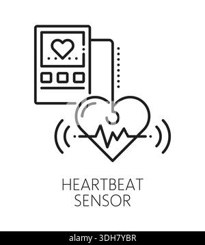 Icona della linea del sensore di sicurezza del rilevatore heartbeat. Simbolo lineart del sensore della tecnologia di medicina cardiologica, pittogramma vettoriale lineare di rilevamento della frequenza cardiaca e del battito cardiaco. Icona o segno di linea sottile del sistema sanitario Illustrazione Vettoriale