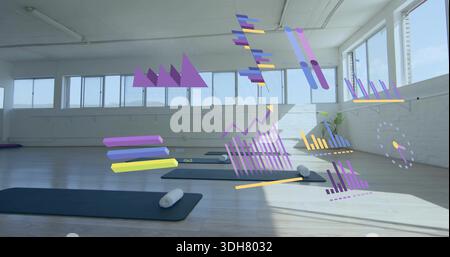 Tappetino per esercizi a riposo scuro con telo arrotolato a sinistra del loft studio, carte galleggianti Foto Stock