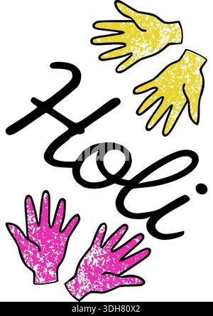 Vivace poster vettoriale Holi festival con mani colorate e scritte natalizie Illustrazione Vettoriale