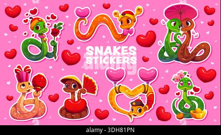 Pacchetto di adesivi dei personaggi dei cartoni animati valenti. Festa di San Valentino patch vettoriale del personaggio del serpente asiatico, Love Holiday Animal character sticker con fiore, ombrello, lanterna e palloncino Illustrazione Vettoriale