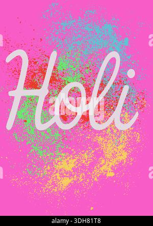 Vibrante manifesto del festival Holi con spruzzi di polvere colorata e giocosa tipografia su sfondo rosa, che celebra le tradizioni indiane. Illustrazione Vettoriale