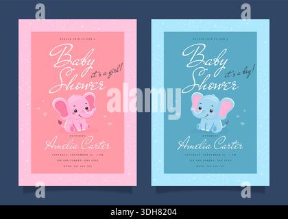 Set di biglietti d'invito per la baby shower con simpatici elefanti per l'annuncio di neonati. Illustrazione Vettoriale