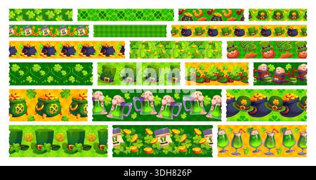 Nastro adesivo verde Washi con decorazioni natalizie di San Patrizio. Adesivi per scrapbooking, nastro adesivo washi vettoriale con trifoglio irlandese Saint Patrick Day, birra, cappello leprechaun, scarpe e oro Illustrazione Vettoriale