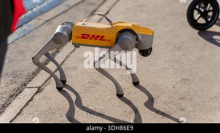 Cane robot a quattro zampe con marchio di consegna che esegue una dimostrazione Foto Stock
