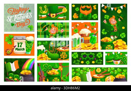 Happy St Patricks Day Holiday collage. Striscione vettoriale celebrativo di San Patrizio, collage di feste irlandesi primaverili. Biglietto d'auguri per le festività irlandesi con leprechaun, monete, birra, strumenti musicali, trifoglio Illustrazione Vettoriale