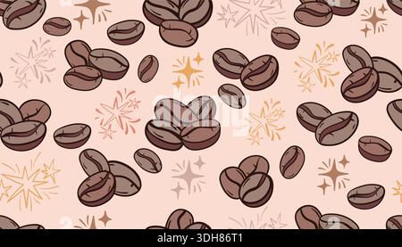 Un motivo senza cuciture con chicchi di caffè stilizzati e scintille in stile doodle sketch su sfondo rosa chiaro. Ideale per stampe tessili, retro sito Web Illustrazione Vettoriale