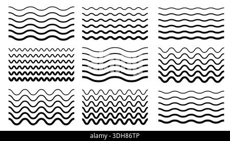 Una serie di linee ondulate e bordi neri senza cuciture, con spessori e frequenze variabili. Cornici o motivi ricci a righe all'infinito. Ideale per Illustrazione Vettoriale
