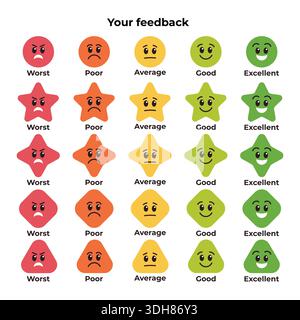 Una serie di icone della scala di valutazione che utilizzano varie forme e colori per esprimere i livelli di soddisfazione del cliente dal peggiore all'eccellente. Ideale per il sondaggio di feedback Illustrazione Vettoriale