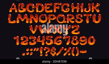 Fonte d'ape al miele, dolce carattere color ambra, caramelle gialle 3d, lettere e numeri dell'alfabeto inglese saporiti e liquidi. Tipografia vettoriale, font gocciolante abc caratteri, tipo di cibo dolce fuso Illustrazione Vettoriale