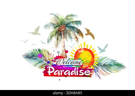 Benvenuti in paradiso astrazione di palme, mare e sole. Disegnato a mano. Non ai, illustrazione vettoriale Illustrazione Vettoriale