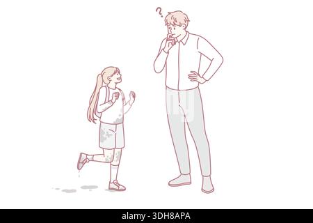 Figlia sporca e concetto di padre frustrato. Piccola ragazza sorridente tutta nella sporcizia che viene dalla scuola con suo padre che la incontra con frustrata illustrazione vettoriale del volto Illustrazione Vettoriale