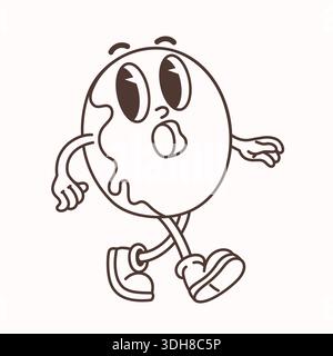 Carattere ciambella con linea scanalata e glassa in stile cartoni animati retrò. Illustrazione a forma di ciambella con viso espressivo e vivace posa per camminare. Ottimo per Illustrazione Vettoriale