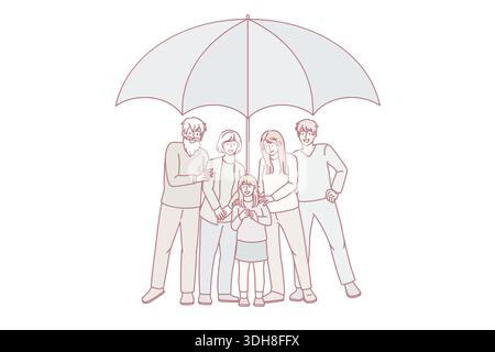 Protezione della famiglia e concetto di cura. Grande famiglia felice padre figlia e nonni in piedi abbracciando sotto enorme ombrello sensazione di illustrazione vettoriale sicura e positiva Illustrazione Vettoriale