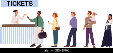 Persone in fila. Uomini e donne in coda alla cassiera. Biglietteria dei mezzi pubblici. Clienti che acquistano pass per il cinema o il cinema. Illustrazione Vettoriale