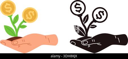 Icona della mano che tiene in mano l'albero del denaro germoglia con monete d'oro. Simboli di silhouette a colori o neri. Successo degli investimenti. Profitto finanziario. Coltivazione di piante Illustrazione Vettoriale