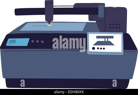 Macchina laser per il taglio di fogli. La taglierina per metalli taglia le pagine in parti separate. Apparecchiature elettriche per ufficio. Distruzione di documenti riservati. Moderno Illustrazione Vettoriale