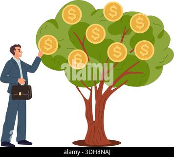 L'uomo d'affari raccoglie monete d'oro dall'albero dei soldi. Crescita dei redditi finanziari e dei risparmi. Investimento di successo. Entrate del fondo di deposito bancario. Ricchezza degli investitori Illustrazione Vettoriale