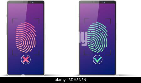 Scansione delle impronte digitali riuscita o non riuscita sullo schermo realistico del telefono cellulare. Password di accesso smartphone. Identificazione biometrica. Cellp di sicurezza Illustrazione Vettoriale