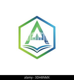 moderno logo accademico con la lettera a all'interno di un esagono con un'icona a libro aperto in fondo. Illustrazione Vettoriale