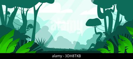 Paesaggio di giungla tropicale con piante verdi. Alberi e viti della foresta pluviale. Panorama della natura selvaggia. Silhouette dal fogliame esotico estivo. Ambiente Illustrazione Vettoriale