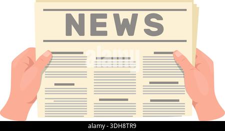 Mani che tengono un giornale di carta. Ultime notizie. Uomo che legge la pubblicazione di stampe. Bracci del lettore. articolo della newsletter. Titolo reportage giornale di registrazione. Maga Illustrazione Vettoriale