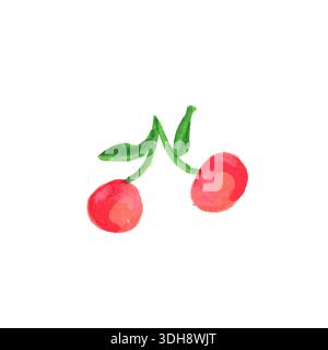 Nell'immagine sono mostrate due ciliegie con foglie verdi. Le ciliegie sono di rosso brillante e le foglie sono una vibrante tonalità di verde. Le ciliegie sono versatili Foto Stock