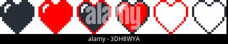 Icona cuore pixel. Simbolo pixelato dell'amore e di San Valentino. gioco arcade retrò a 8 bit. Grafica rossa e nera dalle forme amour. swee silhouette o contorno Illustrazione Vettoriale