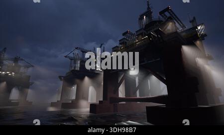 Un enorme carro di perforazione industriale che estrae benzina dalle riserve di acque profonde utilizzando gru di notte. Impianti marittimi di produzione di energia navi operanti in acque internazionali, funzionamento continuo 24 ore su 24 Foto Stock