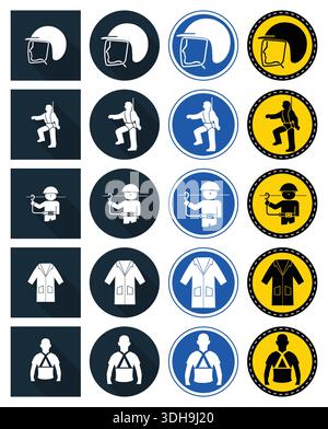 Questa collezione presenta diverse icone che rappresentano i vari lavoratori in abbigliamento e uniformi di sicurezza, perfette per illustrare la professionalità in tutti i diversi ambienti Illustrazione Vettoriale