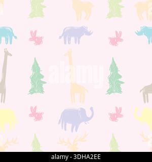 Motivo senza cuciture con sagome di animali e alberi. Illustrazione vettoriale. Illustrazione Vettoriale
