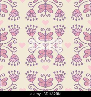 Motivo vettoriale senza cuciture con graziosa farfalla, fiori decorativi e cuori in colori pastello Illustrazione Vettoriale