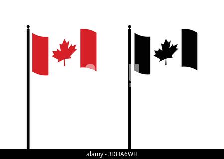Bandiere canadesi stilizzate, una a colori e una in bianco e nero, che sventolano con orgoglio sui pali su uno sfondo bianco pulito Illustrazione Vettoriale