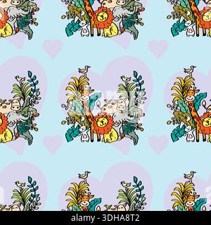 Schema senza cuciture con simpatici animali da safari e foglie tropicali. Illustrazione vettoriale. Illustrazione Vettoriale