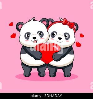 Carini Pandas Cartoon che condividono un cuore rosso su sfondo rosa illustrazione vettoriale disegno di un cartone animato Illustrazione Vettoriale