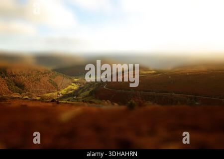 Vista dal passo Horseshoe vicino a Llangollen in Galles, regno unito. Modificato con sfocatura inclinata e Maiusc Foto Stock