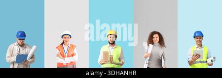 Gruppo di ingegneri diversi su sfondo a colori Foto Stock