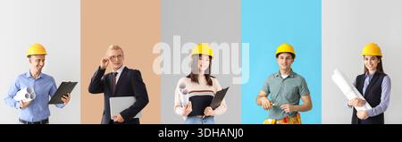 Gruppo di ingegneri diversi su sfondo a colori Foto Stock