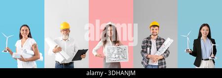 Gruppo di ingegneri diversi su sfondo a colori Foto Stock