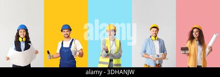 Gruppo di ingegneri diversi su sfondo a colori Foto Stock
