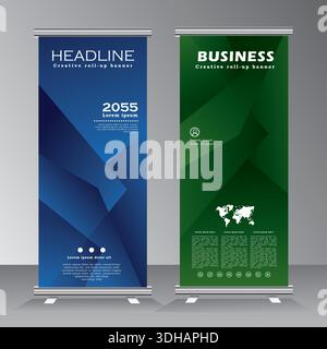 modello di design per banner avvolgibili, design per banner verticali, modello per stand aziendale. moderno banner x-banner e banner standee, banner pull-up, Illustrazione Vettoriale